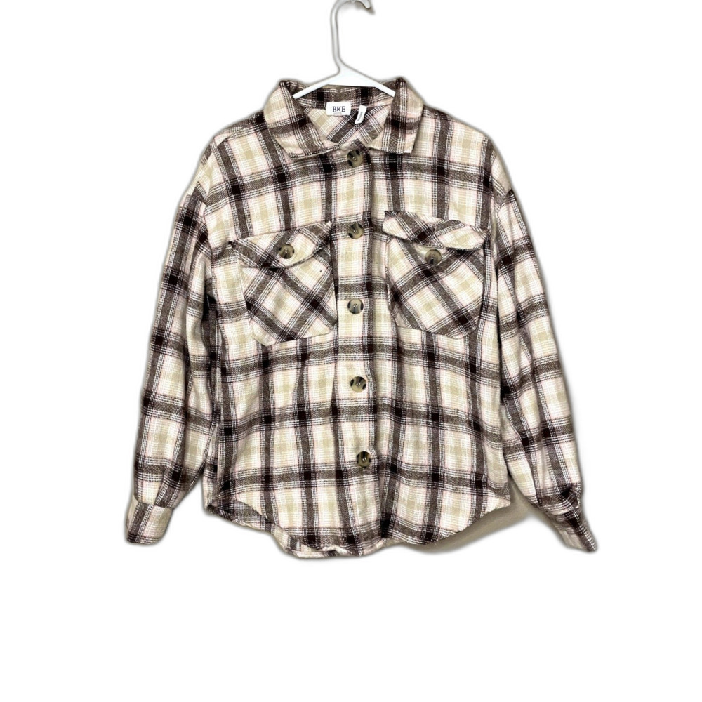 BKE Oversized Longsleeve Boyfriend Flannel Button Shirt Cream and Brown Size Sm